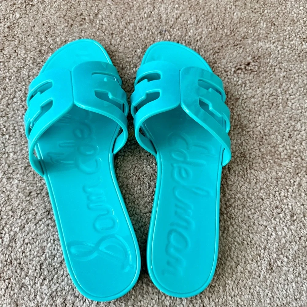 NEW Sam Edelman BAY JELLY Rio Blue Turquoise Sandals Slides - Picture 2 of 7